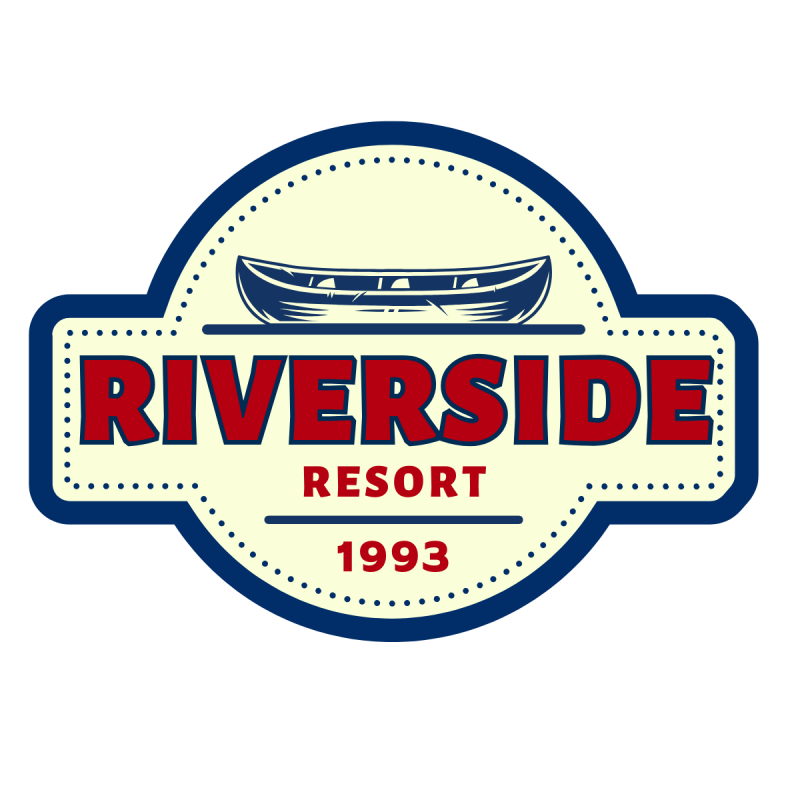 Riverside Resort logo with a canoe illustration and the year 1993.