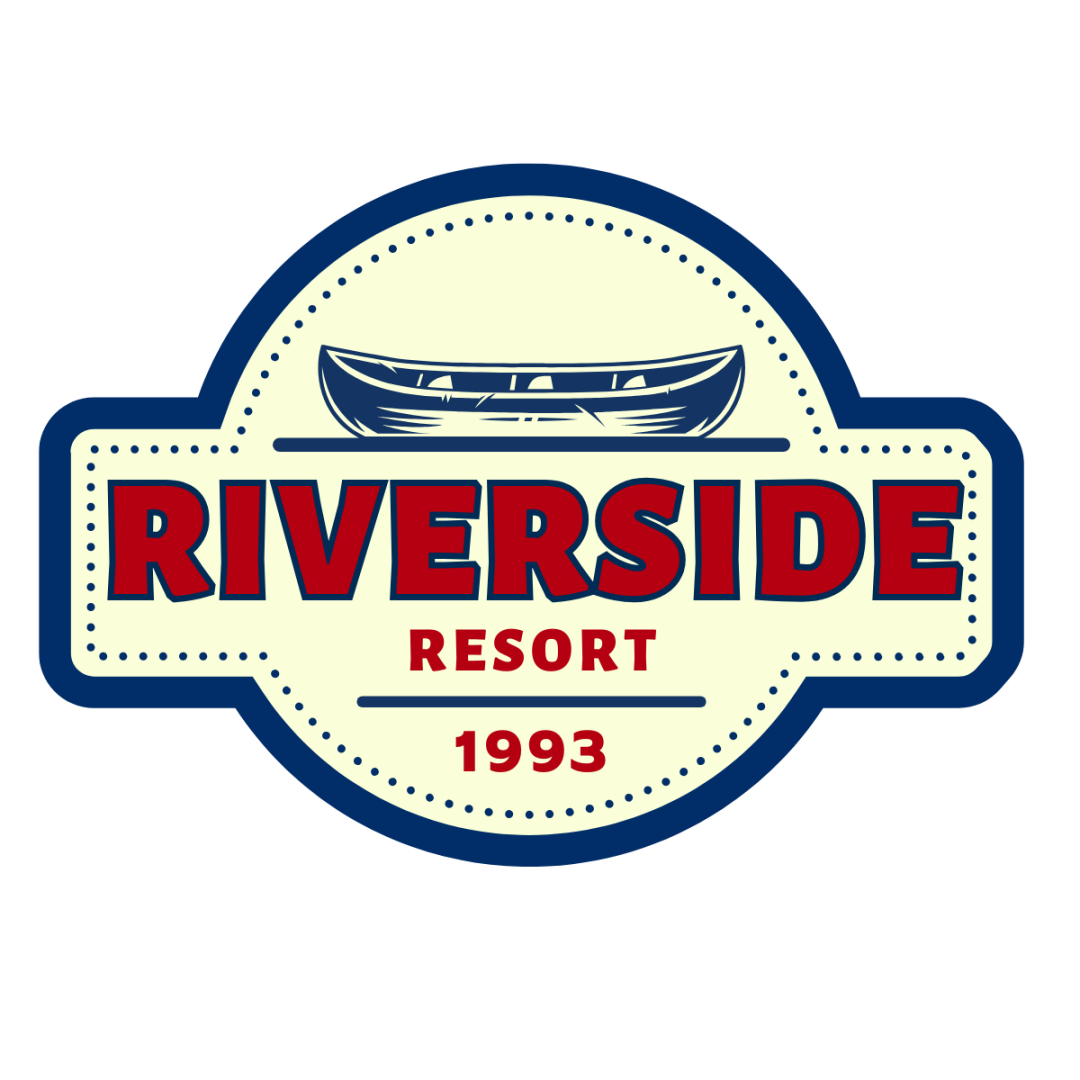 Riverside Resort logo with a canoe illustration and the year 1993.
