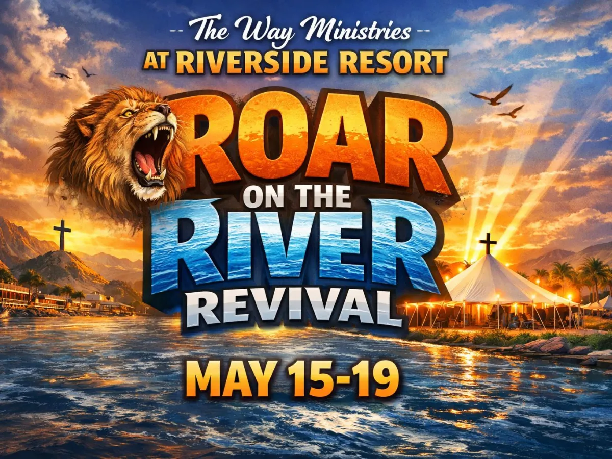 Event poster with roaring lion, river, tent, crosses, and sunrise. Text: 'Roar on the River Revival, May 15-19.'